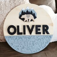 Outdoor Mountain Bear Nursery Name Sign | Hardwood | 3D Carving | Personalized Sign