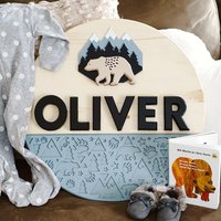 Outdoor Mountain Bear Nursery Name Sign | Hardwood | 3D Carving | Personalized Sign