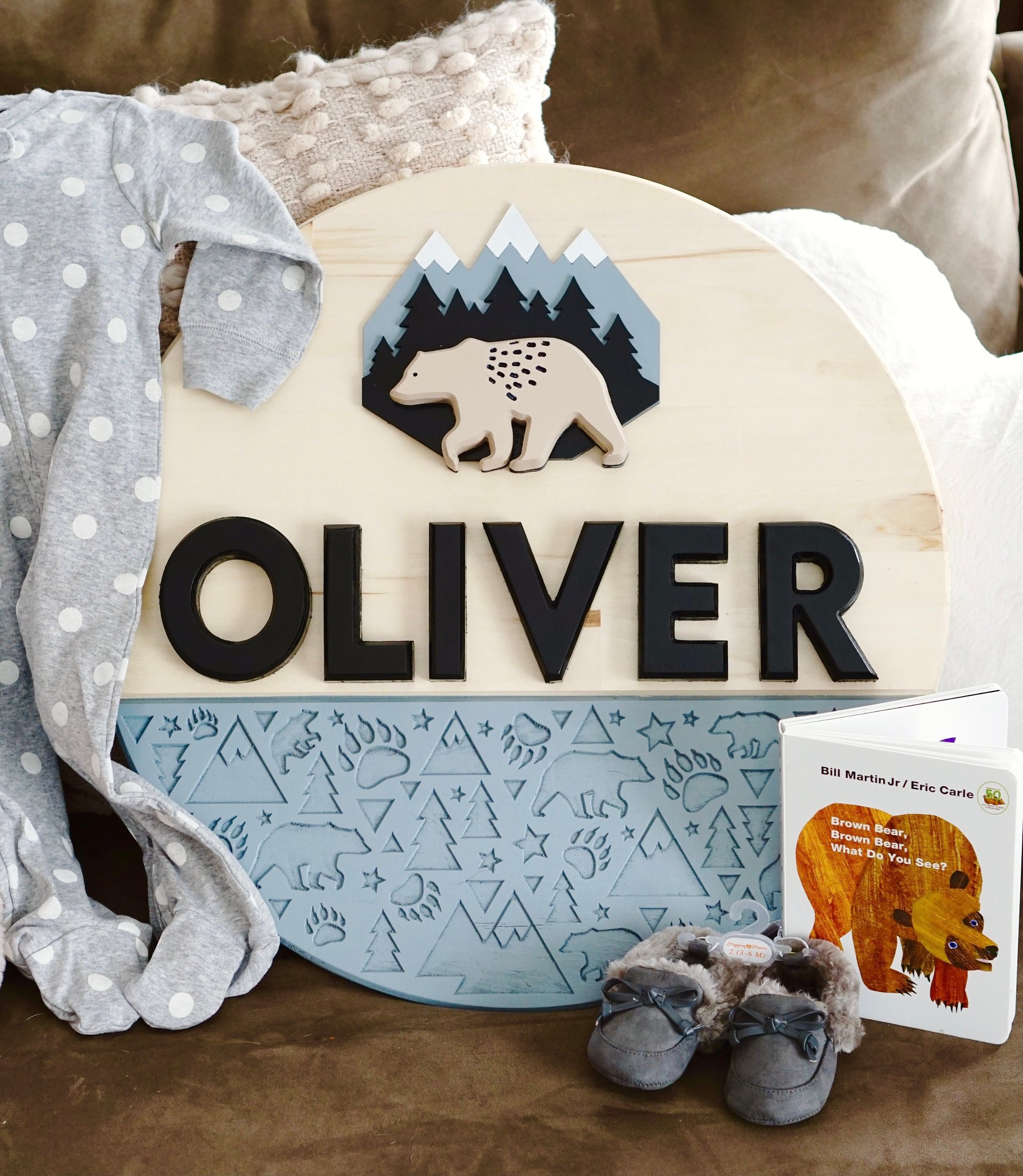 Outdoor Mountain Bear Nursery Name Sign | Hardwood | 3D Carving | Personalized Sign
