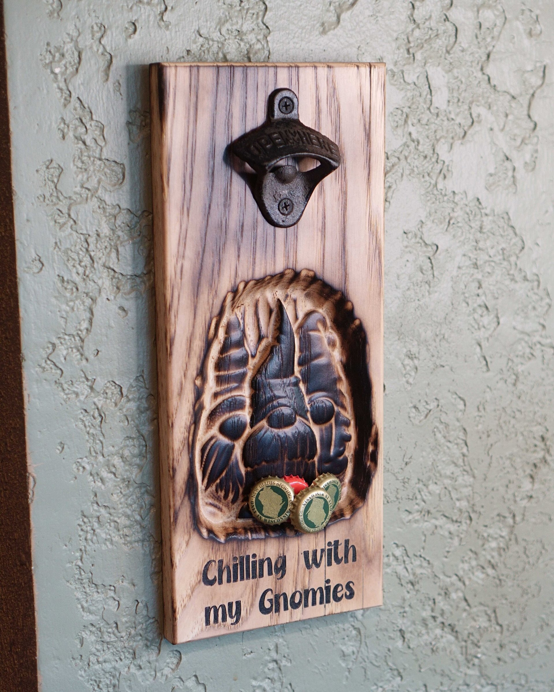 Carved Gnome Magnetic wall mount Bottle Opener | Weathered | Burned